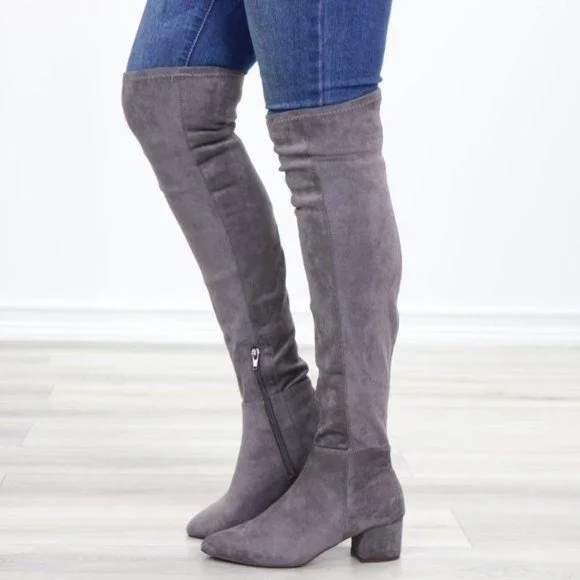 Pointy Toe Over The Knee Gray Boots Faux Suede - Picture 9 of 12